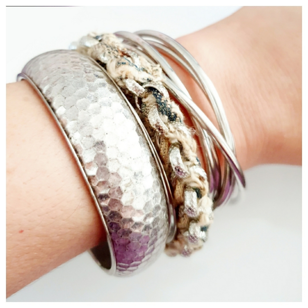Silver Bangles Set | Boho Mixed Texture Set - Picture 5 of 7